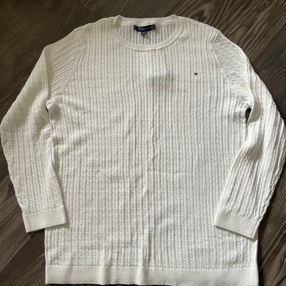 Tommy Hilfiger White Cable Knit Crewneck Sweater